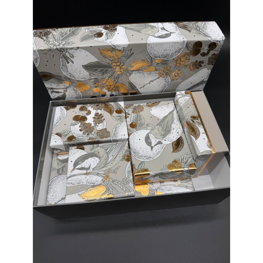 The Fruit Company Chickadee Pear Nesting Gift Boxes Set of 6 Gold Foil Holiday